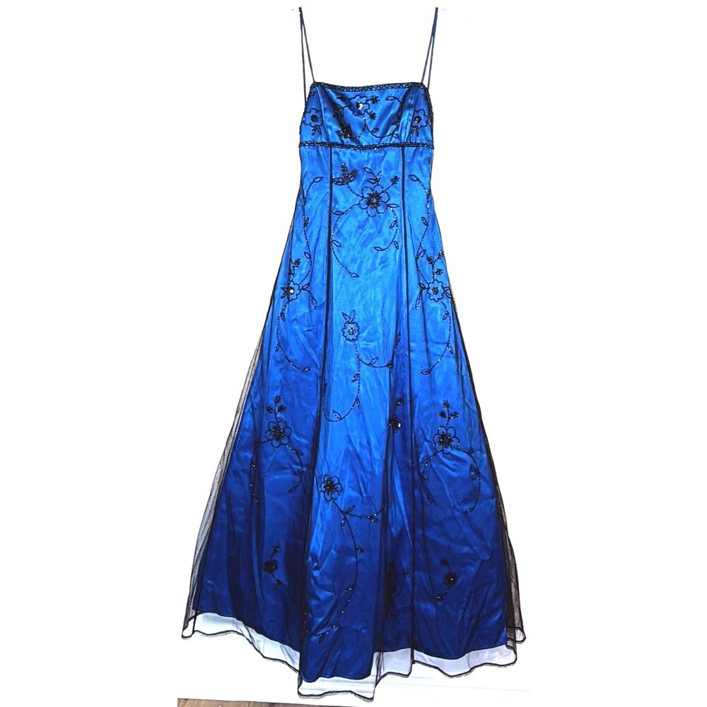 Y2K  Morgan & Co  Blue Black Beaded Gown Dress Small Made Hong Kong whimsigoth